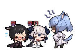  3girls angry animal_ears annoyed au_ra aura black_hair black_legwear blue_hair blush brown_gloves chibi closed_eyes crying drooling final_fantasy final_fantasy_xiv flying_sweatdrops gameplay_mechanics glasses gloves grey_background grey_hair horns inuue_kiyu long_hair miqo&#039;te multiple_girls multiple_horns open_mouth ponytail red-framed_eyewear saliva scar scar_on_face shaded_face short_hair simple_background sitting sleeping sweatdrop tail tears user_interface warrior_of_light_(ff14) white_gloves white_legwear 