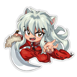  1boy animal_ears chibi dog_ears fangs fingernails fur_trim grey_background grey_hair hair_between_eyes holding holding_sword holding_weapon inuue_kiyu inuyasha inuyasha_(character) japanese_clothes jewelry long_fingernails long_hair long_sleeves magatama magatama_necklace male_focus necklace open_mouth outline sharp_fingernails simple_background smile solo sword teeth tetsusaiga tongue weapon white_outline wide_sleeves yellow_eyes 