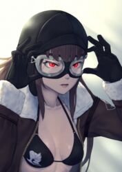  adjusting_eyewear aviator_cap beeeeen bikini bikini_top_only bomber_jacket breasts brown_hair female gloves goggles goggles_on_eyes jacket korean_commentary last_origin long_hair open_mouth pilot_helmet red_eyes sleipnir_(last_origin) small_breasts solo swimsuit 