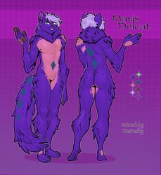  anthro blue_body blue_fur blue_markings brown_pawpads diamond_(marking) diamonds_(suit) domestic_cat felid feline felis fluffy fluffy_tail fur gradient_background green_eyes hair hi_res male mammal markings mavis_delcat model_sheet navel neck_tuft open_mouth pawpads pink_hair purple_body purple_fur purple_hair simple_background smile solo spots standing suit_symbol tail text tuft wetsealky 