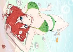  beach bikini breasts brown_hair collarbone commentary crab emma_verde female flower freckles green_bikini hair_flower hair_ornament highres large_breasts legs long_hair looking_at_viewer love_live! love_live!_nijigasaki_high_school_idol_club lying navel ocean on_back open_mouth partially_submerged sand sandals shoes sideways single_shoe solo stomach swimsuit tarakon thighs water 