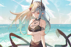  absurdres arknights arm_under_breasts armlet bikini black_bikini blue_sky blush breasts cleavage closed_mouth collarbone cowboy_shot day earrings embarrassed eyebrows_hidden_by_hair female flower grey_hair hair_flower hair_ornament highres horizon horns jewelry krin_(krinnin) large_breasts long_hair looking_away looking_down material_growth mudrock_(arknights) mudrock_(silent_night)_(arknights) navel necklace ocean official_alternate_costume oripathy_lesion_(arknights) outdoors pointy_ears red_eyes red_flower sky solo stomach swimsuit water yellow_flower 