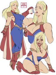  american_flag american_flag_print belt blonde_hair blood blood_from_eyes blood_on_face blue_bodysuit blue_eyes blue_leotard bodysuit boots breasts cape cleavage closed_eyes closed_mouth drinking dripping female flag flag_print full_body genderswap_(mtf) gloves homelander kamii_momoru kneeling leotard long_hair medium_breasts milk multiple_views red_eyes red_footwear red_gloves rule_63 sleeveless sleeveless_bodysuit superhero_costume the_boys tiara united_states yellow_belt 