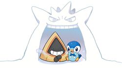  blue_eyes breath closed_eyes cold commentary_request gengar gigantamax gigantamax_gengar grin happy no_humans official_art open_mouth piplup pokemon pokemon_(creature) project_pochama sitting smile snorunt snow_sculpture teeth tongue 