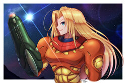  arm_cannon blonde_hair blue_eyes female fusion_suit looking_at_viewer metroid metroid_fusion mole mole_under_mouth profile samus_aran sky smile star_(sky) starry_sky varia_suit wakaba_(wata_ridley) weapon 