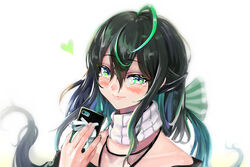  bad_id bad_twitter_id black_hair black_shirt blush bow cellphone collarbone colored_inner_hair dalcom female floating_hair green_bow green_eyes green_hair hairbow heart holding holding_phone korean_commentary long_hair multicolored_hair nijisanji nijisanji_kr off-shoulder_shirt off_shoulder phone scarf shin_yuya shirt smartphone smile solo streaked_hair tearing_up virtual_youtuber white_background white_scarf 