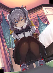  absurdres alternate_legwear ass black_pantyhose black_skirt blue_eyes breasts epaulettes female frilled_sleeves frills gloves grey_hair highres indoors jacket kantai_collection kashima_(kancolle) large_breasts long_sleeves looking_at_viewer mil_(xration) military military_jacket military_uniform miniskirt pantyhose pleated_skirt sidelocks skirt smile solo squatting twintails uniform white_gloves white_jacket 