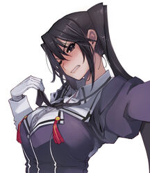  black_hair blush breasts brown_eyes female gloves highres kantai_collection large_breasts long_hair long_sleeves mil_(xration) military military_uniform nachi_(kancolle) nachi_kai_ni_(kancolle) nose_blush selfie side_ponytail simple_background solo uniform upper_body very_long_hair white_background white_gloves 