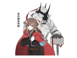  2girls alphonse_elric alphonse_elric_(cosplay) animal_ears arknights brown_hair cat_ears cat_girl choker closed_mouth cosplay demon_girl demon_horns edward_elric edward_elric_(cosplay) folinic_(arknights) fullmetal_alchemist horns long_hair long_sleeves mudrock_(arknights) multiple_girls ong_(fyza2772) parody translated war_hammer weapon white_background yellow_eyes 