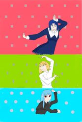  3girls absurdres ahoge arcueid_brunestud asakusa_midori blonde_hair blue_background blue_hair bow breasts ciel_(tsukihime) closed_eyes collar commentary_request dress easy_breezy eizouken_ni_wa_te_wo_dasu_na! empty_eyes fur_trim green_background hair_intakes hairbow half_updo happy highres kagetsu_tooya kanamori_sayaka large_breasts len_(tsukihime) long_hair long_sleeves medium_breasts melty_blood meme mizusaki_tsubame multiple_girls nun parody patterned_background pointy_ears pose red_eyes ribbon short_hair smile style_parody sweater tsukihime turtleneck uniform vampire vvviruss 