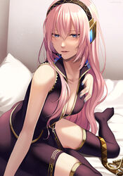  arm_support artist_name backlighting bare_arms bed bed_sheet bedroom belt black_skirt black_thighhighs blue_eyes blue_nails breasts brown_hairband cleavage collarbone commentary_request female fingernails hair_between_eyes hairband half-closed_eyes hand_on_own_chest hand_up headset high_collar highres indoors large_breasts light_blush light_particles light_smile lips long_hair long_skirt looking_at_viewer megurine_luka no_shoes nokuhashi on_bed open_clothes parted_lips pillow pink_hair shiny_skin sitting skindentation skirt solo tank_top thighhighs tsurime unworn_belt very_long_hair vocaloid wall wavy_hair yokozuwari zettai_ryouiki 