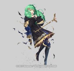  black_dress black_footwear blue_pantyhose boots caduceus_staff_(fire_emblem) commentary_request company_name copyright_notice dress eyebrows_hidden_by_hair female fire_emblem fire_emblem:_three_houses flayn_(fire_emblem) frilled_dress frills full_body green_eyes green_hair grey_background hair_ornament hands_up knee_boots kousei_horiguchi long_hair long_sleeves looking_away official_art open_mouth pantyhose puffy_long_sleeves puffy_sleeves simple_background sleeves_past_wrists solo staff standing torn_clothes torn_dress torn_pantyhose watermark 