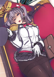  :d absurdres bag blue_eyes blush buttons couch double-breasted epaulettes female gloves grey_hair grey_skirt hat highres holding holding_clothes holding_hat jacket kantai_collection kashima_(kancolle) long_sleeves looking_at_viewer lying mil_(xration) miniskirt neckerchief on_back on_couch open_mouth pantyhose pleated_skirt red_neckerchief skirt smile solo thighband_pantyhose twintails unworn_hat unworn_headwear white_gloves white_jacket 