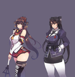  2girls absurdres armband black_hair black_legwear black_skirt breasts brown_eyes brown_hair cherry_blossoms clothes_writing detached_sleeves flower gloves hair_flower hair_ornament headgear high_ponytail highres hip_vent kantai_collection large_breasts long_hair long_sleeves mil_(xration) military military_uniform miniskirt multiple_girls nachi_(kancolle) nachi_kai_ni_(kancolle) pantyhose pencil_skirt pleated_skirt ponytail red_skirt side_ponytail sidelocks single_thighhigh skirt thighhighs uniform very_long_hair white_gloves white_pantyhose yamato_(kancolle) yamato_kai_(kancolle) z_flag 