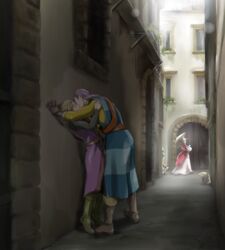  2boys against_wall alley belt brown_footwear checkered_clothes commentary_request dragon_quest dragon_quest_xi greig_(dq11) hero_(dq11) highres kissing male_focus multiple_boys myukom outdoors partial_commentary people purple_tunic shirt town yaoi yellow_shirt 