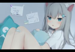  amashiro_natsuki animal_ears bad_id bad_pixiv_id bandaid bandaid_on_knee bandaid_on_leg blue_eyes blush cat-shaped_pillow cat_ears commentary female grey_hair hair_between_eyes hair_ornament hairclip knees_up letterboxed long_hair looking_at_viewer nachoneko original parted_lips shirt short_sleeves solo twitch_logo twitch_username twitter_username white_shirt 