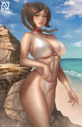  absurdres avatar:_the_last_airbender avatar_legends beach bikini blush braid braided_ponytail breasts brown_eyes brown_hair choker cleavage commentary day english_commentary female freckles highres large_breasts lips long_hair looking_at_viewer navel nopeys outdoors red_choker single_braid solo standing swimsuit ty_lee watermark white_bikini 