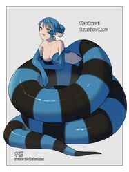  artist_name black_nails black_scales blue_hair blue_scales coiled commission female fingernails forked_tongue full_body grey_background hair_bun highres kizuta_(barometz) lamia long_pointy_ears looking_at_viewer monster_girl original pointy_ears scales sharp_fingernails short_hair skeb_commission slit_pupils solo tongue tongue_out yellow_eyes 