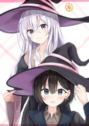  2girls absurdres black_hair black_headwear black_robe blue_eyes blush collared_shirt elaina_(majo_no_tabitabi) embarrassed emimeku hat hat_ornament highres holding holding_clothes holding_hat long_hair long_sleeves majo_no_tabitabi medium_hair multiple_girls purple_eyes robe saya_(majo_no_tabitabi) shirt upper_body white_hair white_shirt witch witch_hat 