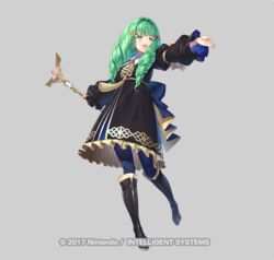  :d black_dress black_footwear blue_pantyhose boots caduceus_staff_(fire_emblem) commentary_request company_name copyright_notice dress eyebrows_hidden_by_hair female fire_emblem fire_emblem:_three_houses flayn_(fire_emblem) frilled_dress frills full_body green_eyes green_hair grey_background hair_ornament holding holding_staff knee_boots kousei_horiguchi long_hair long_sleeves looking_away official_art open_mouth outstretched_arm pantyhose puffy_long_sleeves puffy_sleeves simple_background sleeves_past_wrists smile solo staff standing standing_on_one_leg watermark 