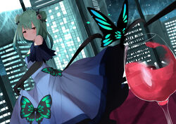  adapted_costume alcohol animal_print bare_shoulders black_gloves blue_butterfly blue_dress blush bug butterfly butterfly_print city_lights cityscape closed_mouth clothing_cutout cup double_bun dress drinking_glass elbow_gloves eureka_814 feet_out_of_frame female gloves green_hair hair_bun hair_ornament highres hololive long_dress looking_at_viewer red_eyes short_hair shoulder_cutout skirt_hold skull_hair_ornament smile smug solo uruha_rushia uruha_rushia_(1st_costume) virtual_youtuber window wine wine_glass 