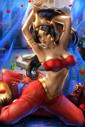  aladdin ayyasap belly_dancer belly_dancer_outfit black_hair brown-skinned_female brown_skin crown dark-skinned_female dark_skin disney disney_princess evil_queen_jasmine harem_girl harem_outfit harem_pants hazel_eyes jafar_harem_outfit middle_eastern middle_eastern_clothing middle_eastern_female persian persian_clothing persian_female princess_jasmine realistic red_clothing slave tanned 