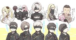  11s_(nier:automata) 2b_(nier:automata) 32s_(nier:automata) 4s_(nier:automata) 6+boys 6+girls 801s_(nier:automata) 9s_(nier:automata) black_blindfold black_choker black_dress black_gloves blindfold blonde_hair breasts character_request choker cleavage_cutout clenched_hands clothing_cutout commander_(nier:automata) commentary dress facial_hair flower gloves juliet_sleeves long_hair long_sleeves medium_breasts medium_hair mouth_veil multiple_boys multiple_girls nier:automata nier_(series) open_mouth operator_6o ponytail puffy_sleeves sami_(3a3i3a3i) smile stubble thought_bubble translated veil yaoi 