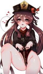  bad_id bad_pixiv_id black_nails blush boo_tao_(genshin_impact) brown_hair female flower genshin_impact ghost gmg groin hat highleg highres hu_tao_(genshin_impact) jewelry long_sleeves looking_at_viewer nail_polish plum_blossoms red_eyes ring simple_background smile symbol-shaped_pupils thighs tongue tongue_out twintails white_background 