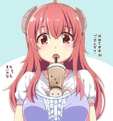  ahoge between_breasts blush breasts brown_eyes brown_hair bubble_tea bubble_tea_challenge cup demon_girl demon_horns dou-t drinking_straw female highres horns large_breasts lilith_(machikado_mazoku) long_hair machikado_mazoku open_mouth solo statue tail translation_request yoshida_yuuko_(machikado_mazoku) 