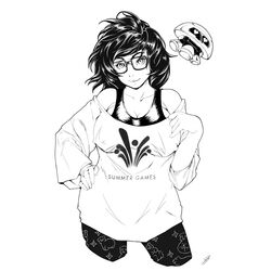  absurdres bare_shoulders breasts cleavage closed_mouth female floating glasses greyscale hand_on_own_hip heart heart-shaped_eyes highres kofjp looking_at_viewer medium_hair mei_(overwatch) monochrome overwatch overwatch_1 pajamei robot signature smile snowball_(overwatch) solo 