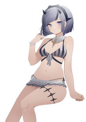  absurdres azur_lane bad_id bad_pixiv_id bare_arms bare_shoulders bearn_(azur_lane) bearn_(summer_lifeguard)_(azur_lane) bikini bikini_skirt blue_eyes breasts closed_mouth detached_collar expressionless female grey_hair hair_ribbon halterneck hand_up highres horns invisible_chair looking_at_viewer microskirt multicolored_hair navel official_alternate_costume pleated_skirt ribbon shibuya_(kurokamishain) short_hair side-tie_bikini_bottom simple_background sitting skirt small_breasts solo stomach streaked_hair string_bikini striped_bikini striped_clothes swimsuit thighlet thighs white_background 