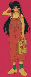  arm_behind_head bag bishoujo_senshi_sailor_moon black_hair blue_eyes commentary_request earrings female film_grain full_body heart highres hino_rei holding holding_bag jewelry long_hair looking_at_viewer overalls pikurusu shoes shopping_bag short_sleeves socks solo 