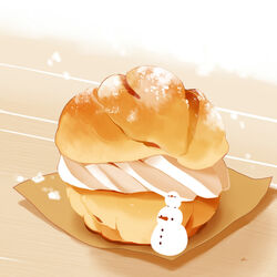  animal_on_head bird bread carrot chai_(drawingchisanne) commentary cream cream_puff food food_focus no_humans on_head original parchment pastry powdered_sugar signature snowman sweets_bird table 