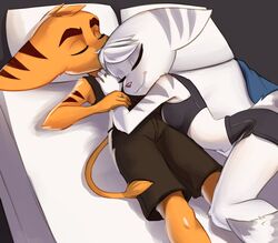  2023 ass bed bedroom bedroom_eyes breasts closed_eyes clothed clothing cuddling digit_ring duo female fur furniture hand_holding hi_res jewelry lombax love magaska19 male male/female mammal married_couple narrowed_eyes pajamas ratchet_(ratchet_and_clank) ratchet_and_clank ring rivet_(ratchet_and_clank) romantic romantic_ambiance romantic_couple seductive sleeping smile smiley_face smiling_at_partner sony_corporation sony_interactive_entertainment true_love wedding_ring white_body white_fur yellow_body yellow_fur 