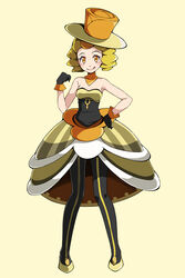  :q bare_arms battle_chatelaine black_gloves blonde_hair blush breasts cleavage commentary eyelashes female full_body gloves hand_on_own_hip hand_up hat looking_at_viewer nita_(pokemon) orange_eyes pantyhose pokemon pokemon_xy shoes short_hair simple_background smile solo standing tongue tongue_out top_hat tsukishiro_saika yellow_background yellow_footwear 