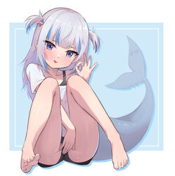  absurdres bare_legs barefoot between_legs black_bra black_shorts blue_background blue_eyes blue_hair blunt_bangs blush bra commentary covering_crotch covering_privates eyelashes feet female fins fish_tail full_body gawr_gura grey_hair hair_ornament hand_between_legs hand_up head_tilt highres hirotaka0125 hololive hololive_english knees_up multicolored_hair off_shoulder ok_sign open_mouth partially_visible_vulva petite shark_girl shark_hair_ornament shark_tail shiny_skin shirt shorts single_bare_shoulder solo streaked_hair t-shirt tail thighs toenails toes two_side_up underwear virtual_youtuber 