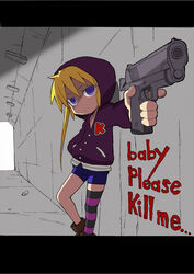  blonde_hair commentary_request female gun handgun highres hood hoodie kill_me_baby komagoma long_hair m1911 photoshop_(medium) purple_eyes shorts solo sonya_(kill_me_baby) striped_clothes striped_thighhighs thighhighs trigger_discipline twintails weapon 