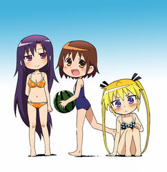  3girls bikini blonde_hair brown_eyes brown_hair commentary_request food fruit goshiki_agiri hair_ribbon kill_me_baby komagoma long_hair multiple_girls one-piece_swimsuit oribe_yasuna photoshop_(medium) purple_eyes ribbon school_swimsuit short_hair sonya_(kill_me_baby) swimsuit twintails watermelon 