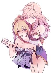  2girls bare_shoulders blue_eyes blush breasts commentary_request crown europa_(granblue_fantasy) finger_in_another&#039;s_mouth flower gabriel_(granblue_fantasy) granblue_fantasy hair_flower hair_ornament holding_hands large_breasts multiple_girls pink_hair saliva takishima_asaka white_background yuri 