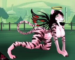  2016 absurd_res alice_(wittrock) all_fours anthro big_breasts biped black_hair black_markings black_nose black_stripes black_wings breasts detailed_background digital_media_(artwork) digital_painting_(artwork) dirtyscoundrel felid female fur green_sclera hair halo hi_res mammal markings nude on_ground outside pantherine pink_body pink_breasts pink_ears pink_fur pink_tail plant pupils slit_pupils solo striped_markings striped_tail stripes tail tail_markings tiger tree unusual_anatomy unusual_wings wings 