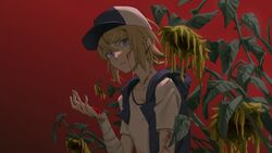  backlighting backpack bag bandaged_arm bandages baseball_cap blonde_hair blood blood_on_arm blood_on_face blood_on_hands blue_eyes collarbone commentary female flower hair_ornament hairclip hand_up hat kagamine_rin looking_at_viewer parted_lips red_background shirt short_hair short_sleeves solo sunflower upper_body vocaloid white_shirt wide-eyed withered wounds404 yellow_flower 