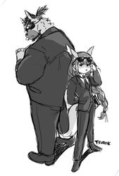  absurd_res anthro beard canid canine canis chuurow clothing domestic_dog duo eyewear facial_hair hair hi_res lifewonders long_hair male mammal monochrome necktie size_difference suit sunglasses tanetomo_(tas) tokyo_afterschool_summoners topknot yasuyori_(tas) 