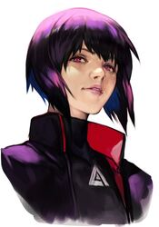  female from_side ghost_in_the_shell ghost_in_the_shell:_sac_2045 ghost_in_the_shell_stand_alone_complex hungry_clicker jacket kusanagi_motoko looking_at_viewer purple_hair short_hair simple_background solo white_background 