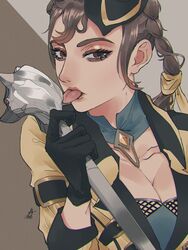  apex_legends black_gloves black_hat braid breasts brown_eyes brown_eyeshadow brown_hair cleavage collarbone female gloves gold_standard_loba hair_behind_ear hat highres holding holding_staff jacket licking loba_(apex_legends) medium_breasts mini_hat official_alternate_costume solo staff tongue tongue_out twin_braids ukiyo_okashi yellow_jacket 