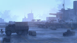  aircraft artist_request blue_sky blue_theme building chinese_commentary cloud commentary_request crate day floor fog girls&#039;_frontline highres military military_base military_truck military_vehicle motor_vehicle no_humans official_art outdoors scenery sky tile_floor tiles truck vtol 