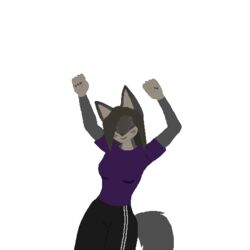  1:1 adidas alpha_channel anthro black_bottomwear black_clothing black_pants bottomwear breasts brown_hair closed_hands clothing dancing dark_ears facial_markings female fox_ears fur garfieldkartisfun grey_body grey_fur grey_tail hair head_markings hybrid markings maya_(gkif) pants purple_clothing purple_shirt purple_topwear shirt small_breasts solo striped_face stripes tail tan_body tan_fur topwear 