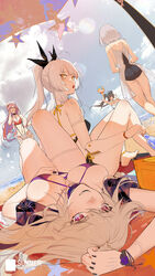  5girls absurdres ball beach bianca_(punishing:_gray_raven) black_bra black_hair black_one-piece_swimsuit black_panties black_ribbon bottle bra breasts casual_one-piece_swimsuit chinese_commentary colored_inner_hair commentary english_text glass_bottle grey_hair hair_ribbon highres holding holding_ball holding_bottle joints karenina:_ember_(punishing:_gray_raven) karenina_(punishing:_gray_raven) large_breasts light_brown_hair liv:_luminance_(puella_subnautica)_(punishing:_gray_raven) liv_(punishing:_gray_raven) long_hair lucia_(punishing:_gray_raven) max_47 medium_hair multicolored_hair multiple_girls ocean oerba_yun_fang one-piece_swimsuit open_mouth orange_eyes panties punishing:_gray_raven purple_bra purple_eyes purple_hair red_bra red_eyes red_hair ribbon robot_joints skin_fang swimsuit twintails two_side_up underwear vera:_garnet_(wavebender)_(punishing:_gray_raven) vera_(punishing:_gray_raven) white_headwear 