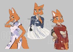  anthro asian_clothing canid canine chinese_clothing chinese_dress clothed clothing diane_foxington dreamworks dress east_asian_clothing eyebrow_piercing facial_piercing female fox fur green_eyes hanbok hi_res japanese_clothing kimono korean_clothing mammal nosugarnohoney orange_body orange_fur piercing simple_background smile solo the_bad_guys 