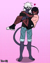  4:5 anthro barefoot black_hair bottomwear carrying_another clothed clothing demon duo feet female frank_fathih hair hi_res humanoid humanoid_pointy_ears kimero_kat long_hair long_tail love male male/female not_furry purple_body red_body romantic romantic_couple sharp_teeth skirt smile standing tail teeth white_hair 