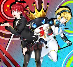  1boy 2girls aegis_(persona) android black_jacket black_pantyhose blonde_hair blue_eyes blue_neckwear breasts commentary dress feline highres jacket long_hair looking_at_viewer morgana_(persona_5) multiple_girls nakano_maru pantyhose persona persona_3 persona_3:_dancing_moon_night persona_5 persona_5:_dancing_star_night persona_5_the_royal persona_dancing plaid plaid_skirt ponytail red_eyes red_hair school_uniform short_hair shuujin_academy_school_uniform skirt smile white_legwear yoshizawa_kasumi 